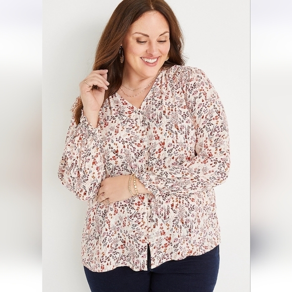Maurices Tops - Maurices White Floral Button Front Smocked Blouse, Size XXL